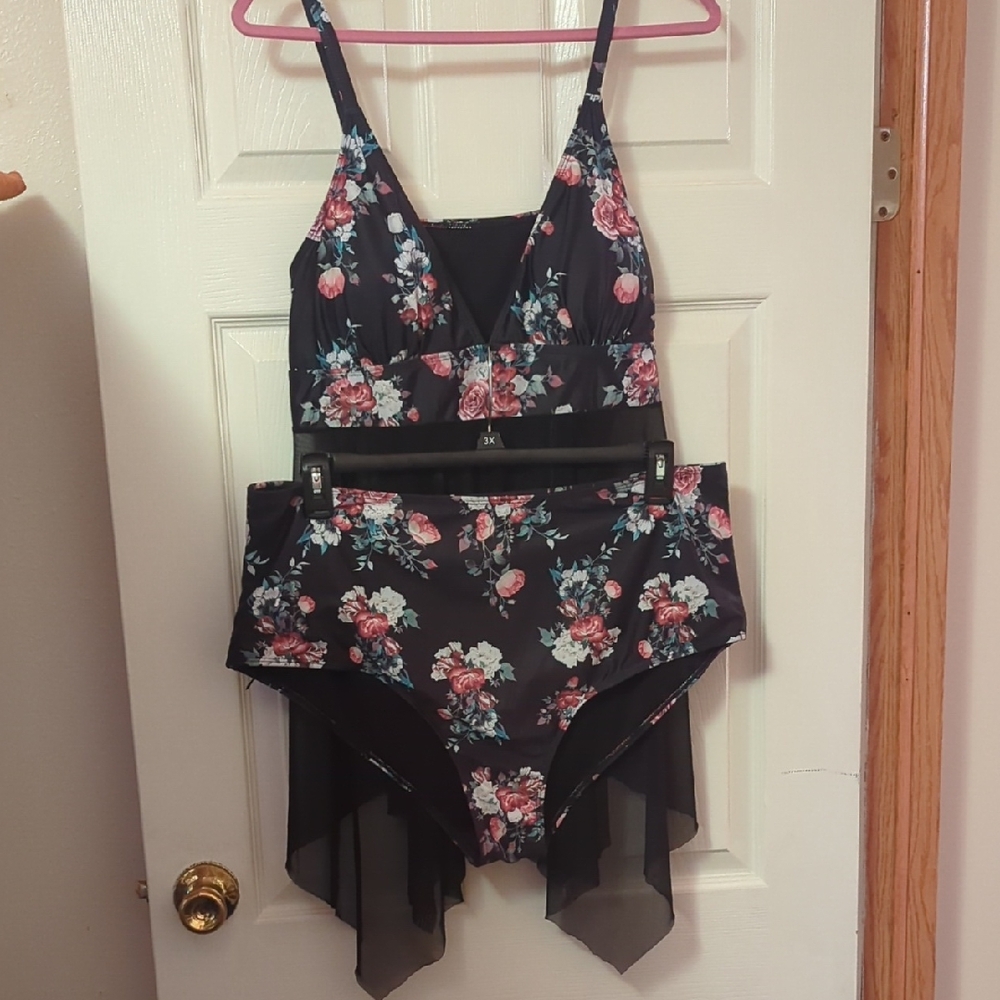 Black and Pink Bikini Set with Floral Accents